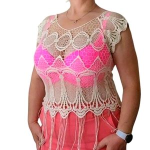 Crochet Lacev Tunic Mini Women's L - Fringe Boho Hippie Festival Style